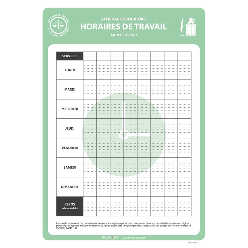 Affiche - Horaires de travail - A3 - Papier plastifié