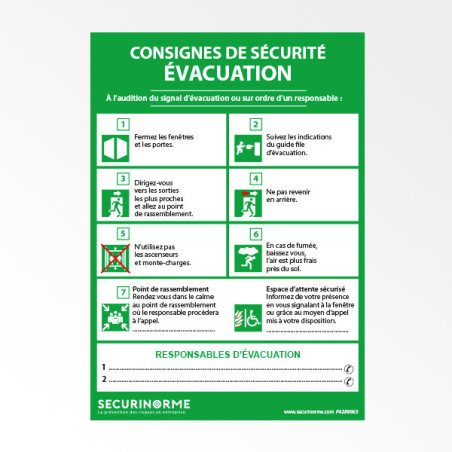 Affiche Consignes de Sécurité Évacuation - 297x420 mm - Papier Plastifié