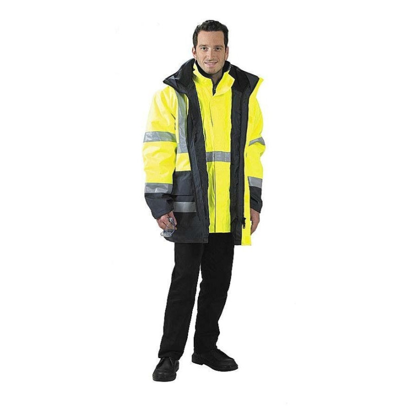 La parka 4 en 1 CERVIN de couleur jaune est conçue pour offrir une sécurité optimale à son porteur. Elle est idéale pour le trav