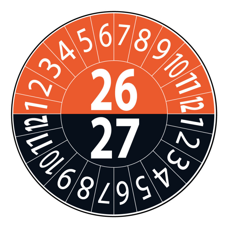Pastilles inventaire 2026-2027 Ø25 mm orange/noir vinyle