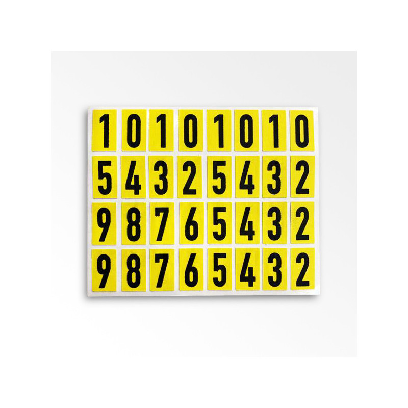 Kit - Planche de 32 chiffres noir sur jaune - 15 mm - Tissu plastifié