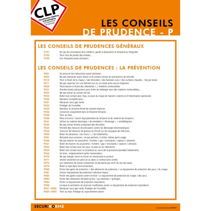 Poster CLP - Conseils de Prudence P avec Pictogrammes de Danger - A3 - Plastifié
