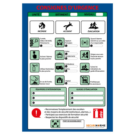 Poster - Consignes d'urgence - NF EN ISO 7010 - A3 - Plastifié