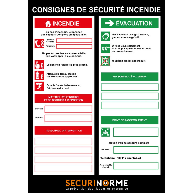 Poster - Consignes de sécurité incendie - 297x420 mm - Papier 250 gr avec plastification