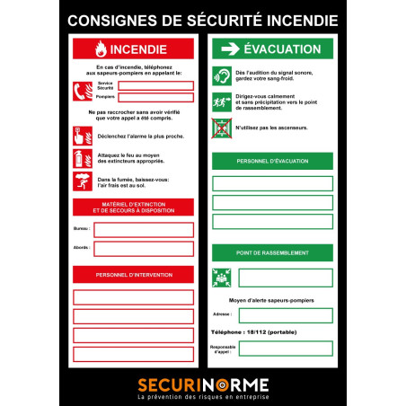 Poster - Consignes de sécurité incendie - 297x420 mm - Papier 250 gr avec plastification