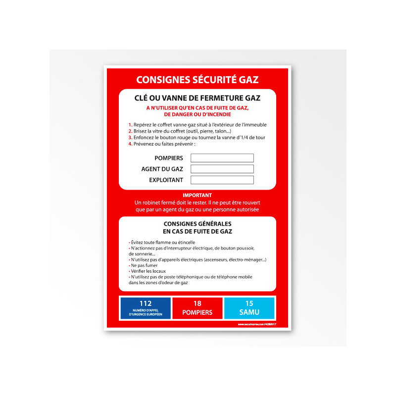 Poster - Consignes de Sécurité Gaz - 297x420 mm - Papier plastifié