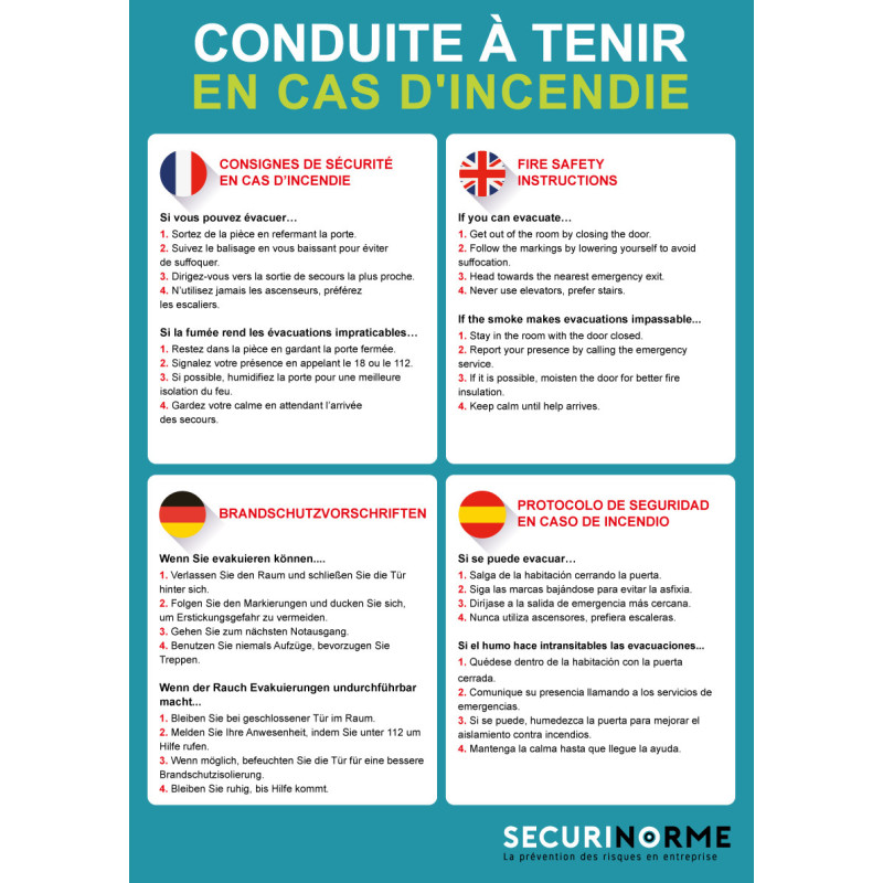 Poster - Conduite à tenir en cas d'incendie 4 langues - 297x420 mm