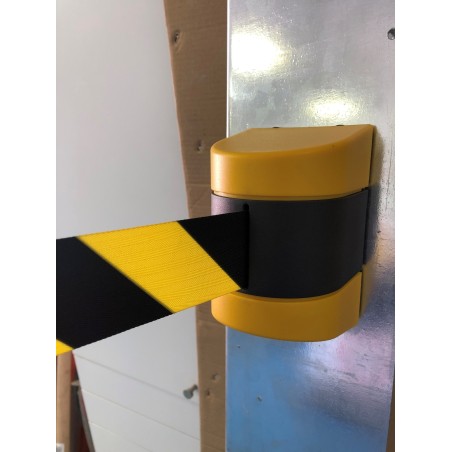 Enrouleur de sangle mural - Sangle rouge/blanc ou jaune/noir - 5 ou 10 mètres - ABS