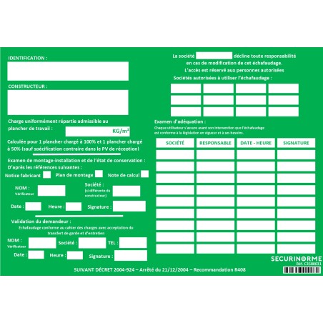 Fiche de vérification - Échafaudage neutre - A4 - Plastifiée