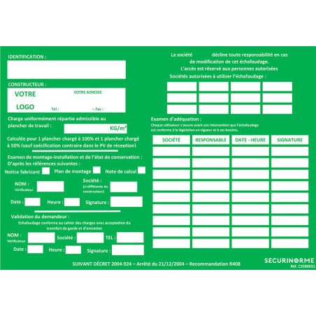 Fiche de vérification Personnalisable - Échafaudage neutre - A4 - Plastifiée