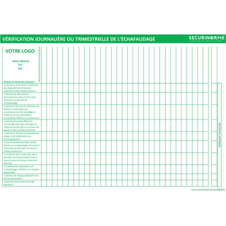 Fiche de vérification Personnalisable - Échafaudage neutre - A4 - Plastifiée