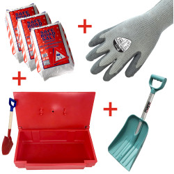 Kit spécial déneigement : 3 sacs de sel + un coffre à sel 100L + une paire de gants + une pelle à neige