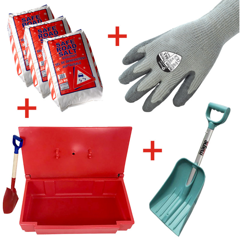 Kit spécial déneigement : 3 sacs de sel + un coffre à sel 100L + une paire de gants + une pelle à neige