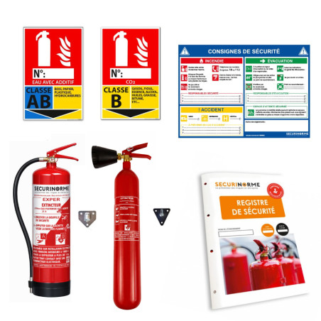 Kit sécurité incendie – 2 Extincteurs (CO2 +  eau) + signalétique