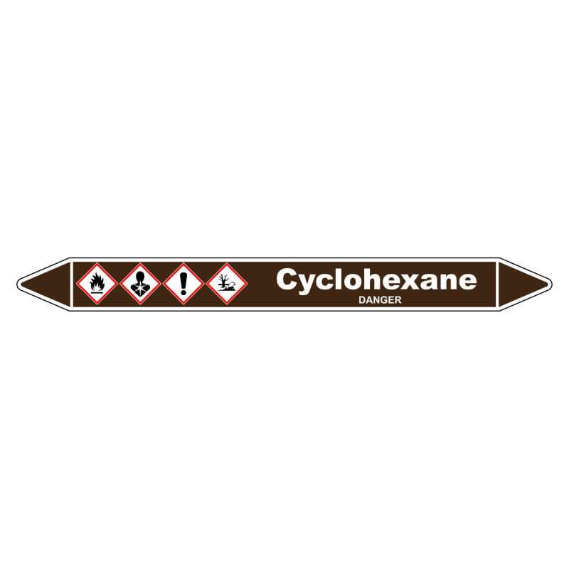 Marqueur de tuyauterie Cyclohexane en vinyle laminé robuste et durable.