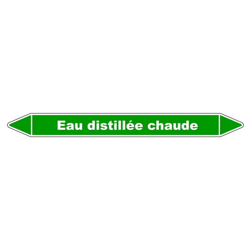 Marqueur de tuyauterie résistant indiquant 'Eau distillée chaude' en vinyle laminé.