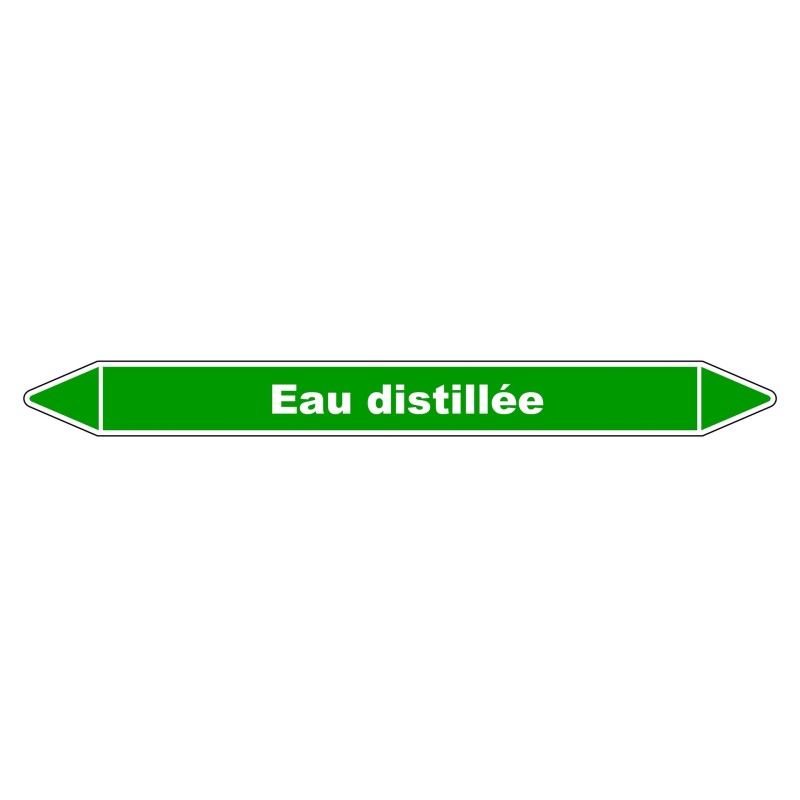 Marqueur de tuyauterie en vinyle laminé indiquant "Eau distillée" pour une identification claire.