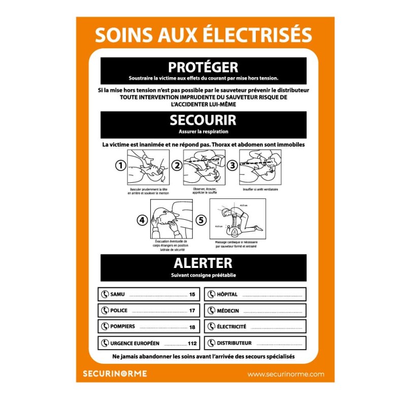 Panneau - Consignes de sécurité - Soins aux électrisés - A3