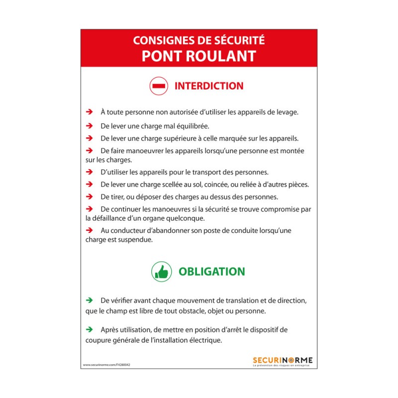 Panneau consignes de sécurité pont roulant