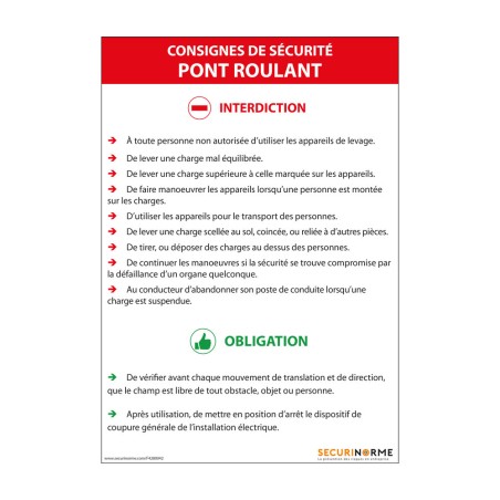 Panneau consignes de sécurité pont roulant