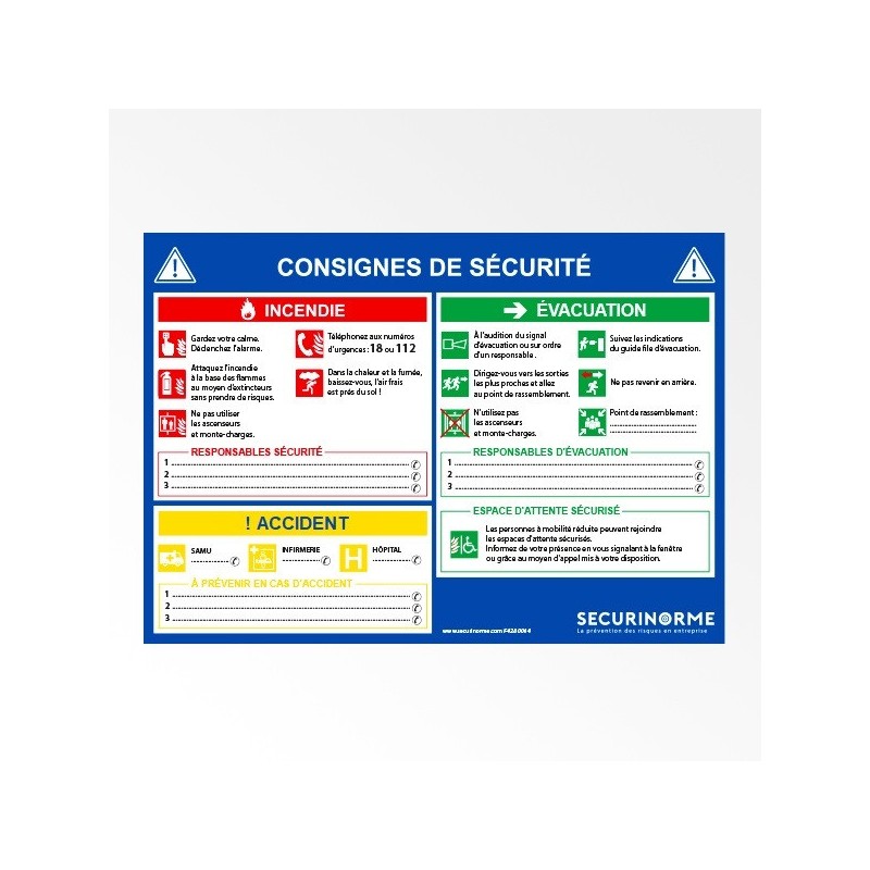 Panneau - Consignes de sécurité incendie et évacuation - Format A4 - Support papier plastifié