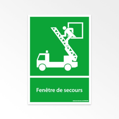 Légende d'image : Panneau d'évacuation ISO 7010, indiquant une fenêtre de secours, en vinyle résistant.