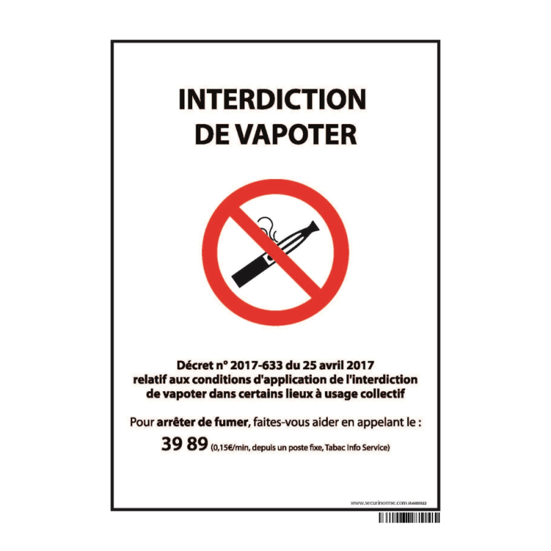 Panneau d'Interdiction "Interdiction de vapoter" plastifié A5
