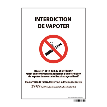 Panneau d'Interdiction "Interdiction de vapoter" plastifié A5